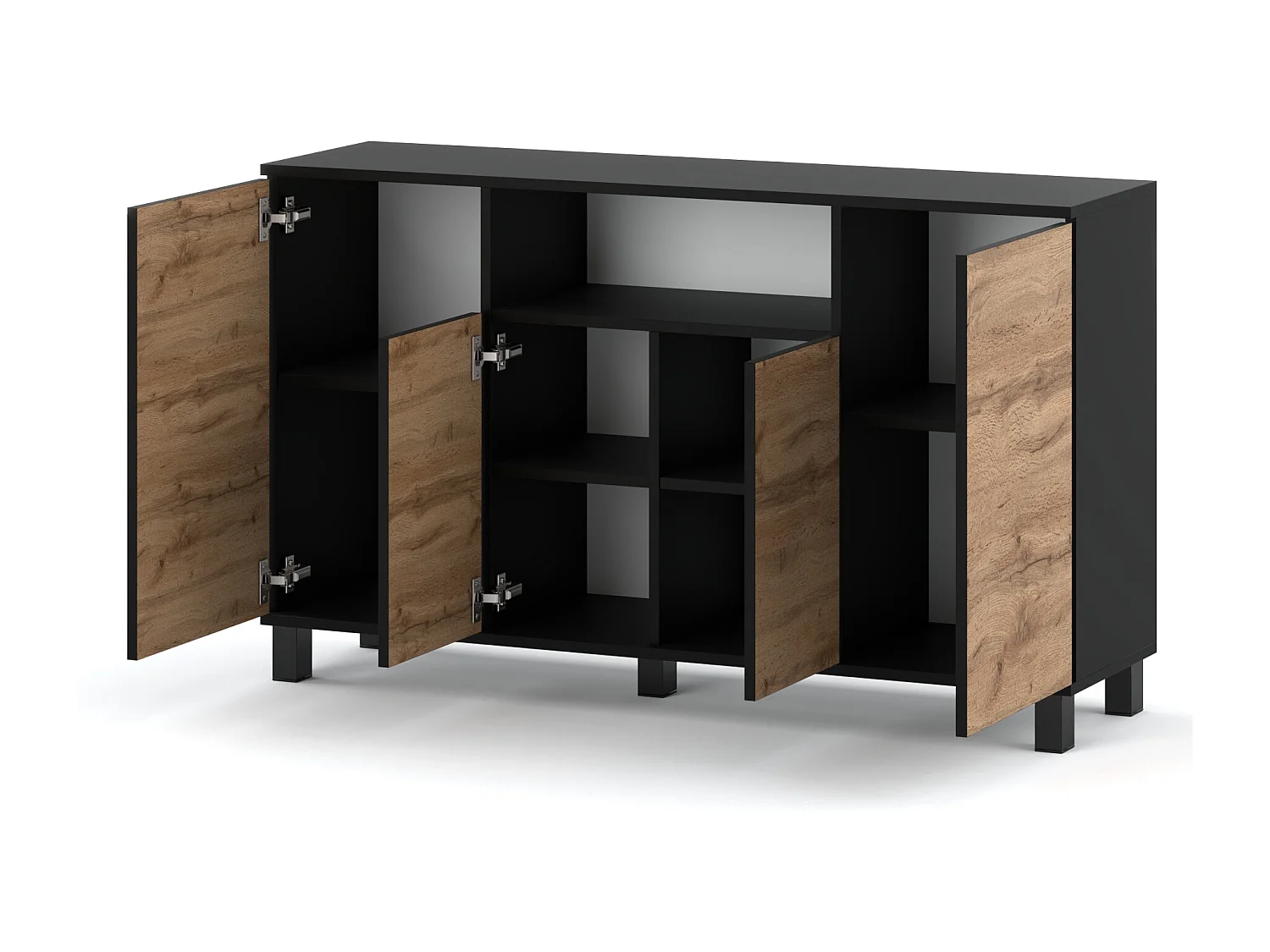 Grande commode 140cm  –  Noir + Chêne Wotan – Meuble de salon spacieux et moderne- TV loft