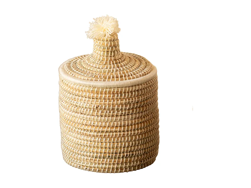 Cesto con tapa y acabado en lana