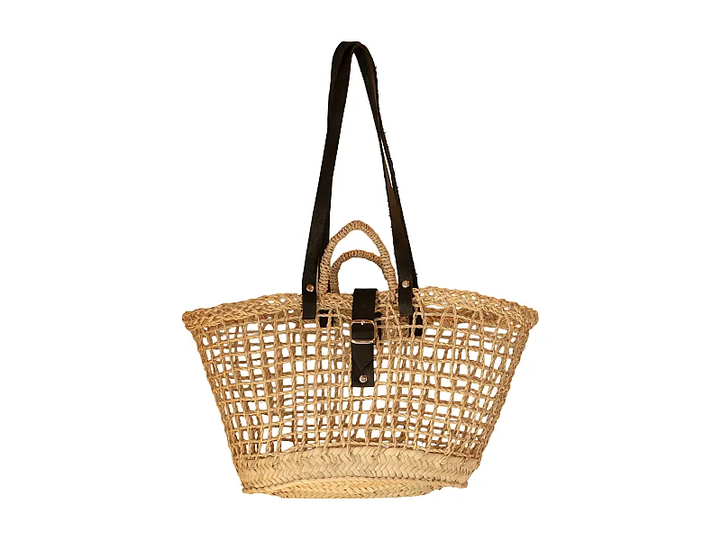 Bolso cesta de fibra de palma con asas de cuero