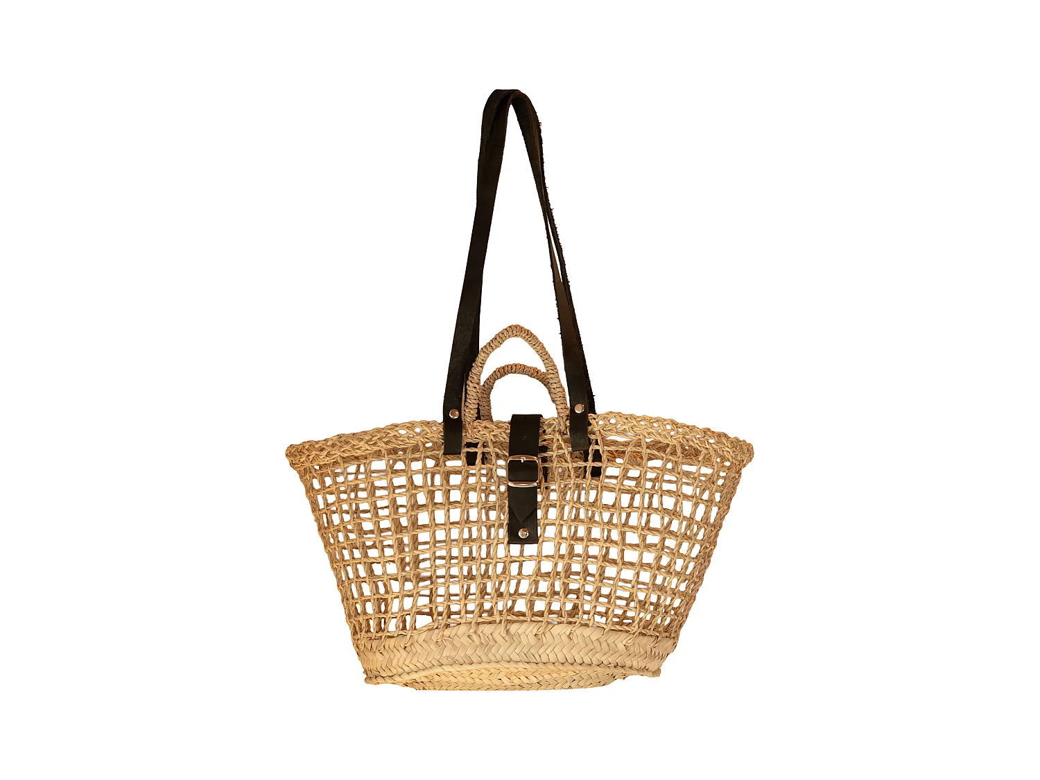 Sac panier en fibre de palmier et anses cuir noir