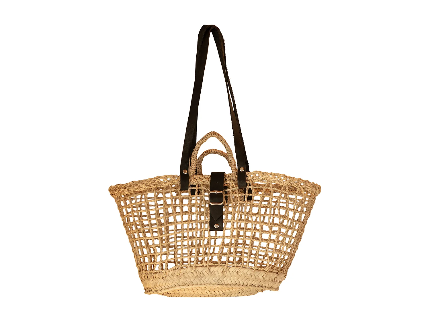 Bolso cesta de fibra de palma con asas de cuero