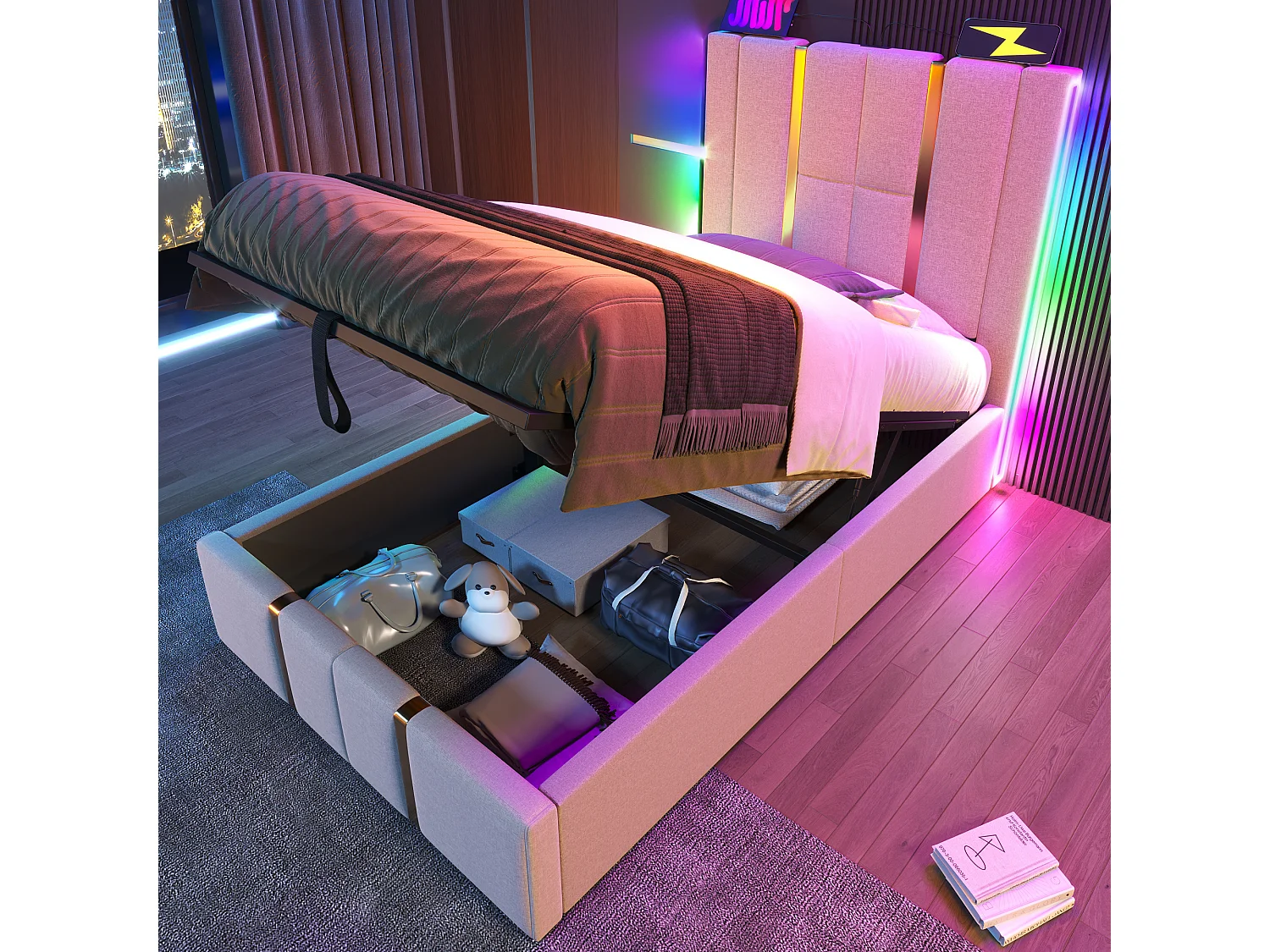 Lit simple 90×200 cm en lin beige avec éclairage LED, USB et espace de rangement sous le lit
