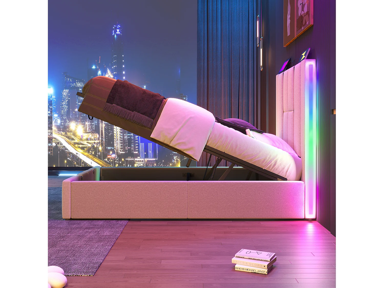Lit simple 90×200 cm en lin beige avec éclairage LED, USB et espace de rangement sous le lit