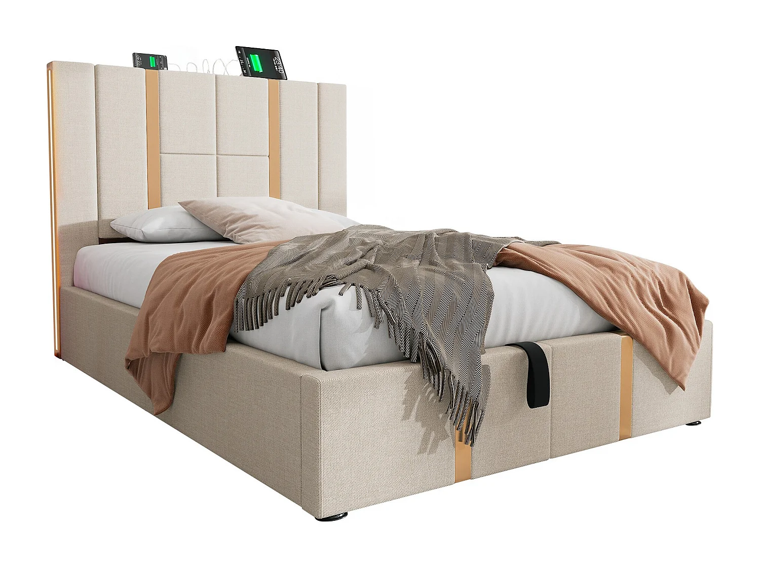 Lit simple 90×200 cm en lin beige avec éclairage LED, USB et espace de rangement sous le lit
