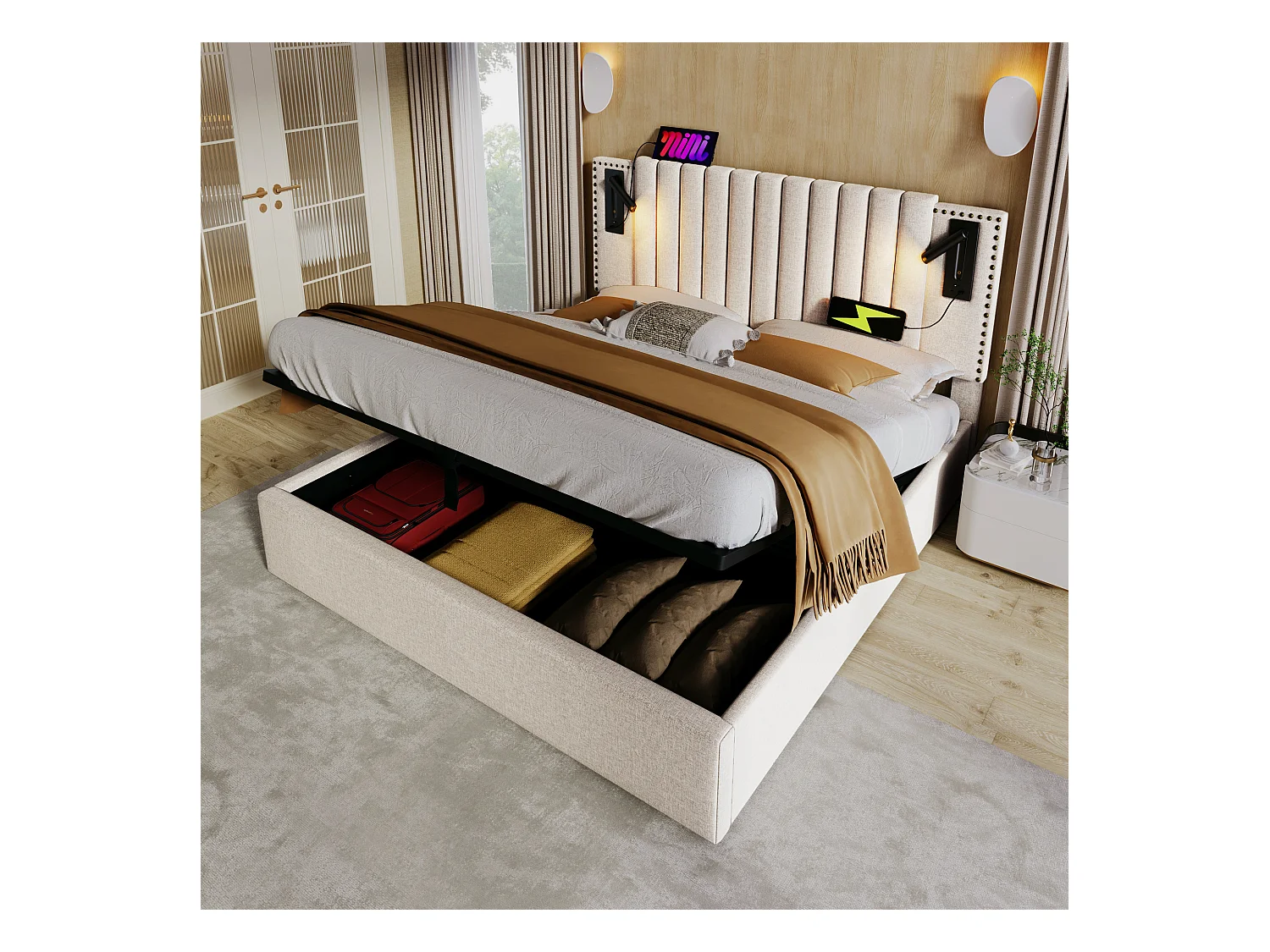 Lit 160x200 cm, lit double avec espace de rangement, éclairage de lecture avec USB, tête de lit réglable