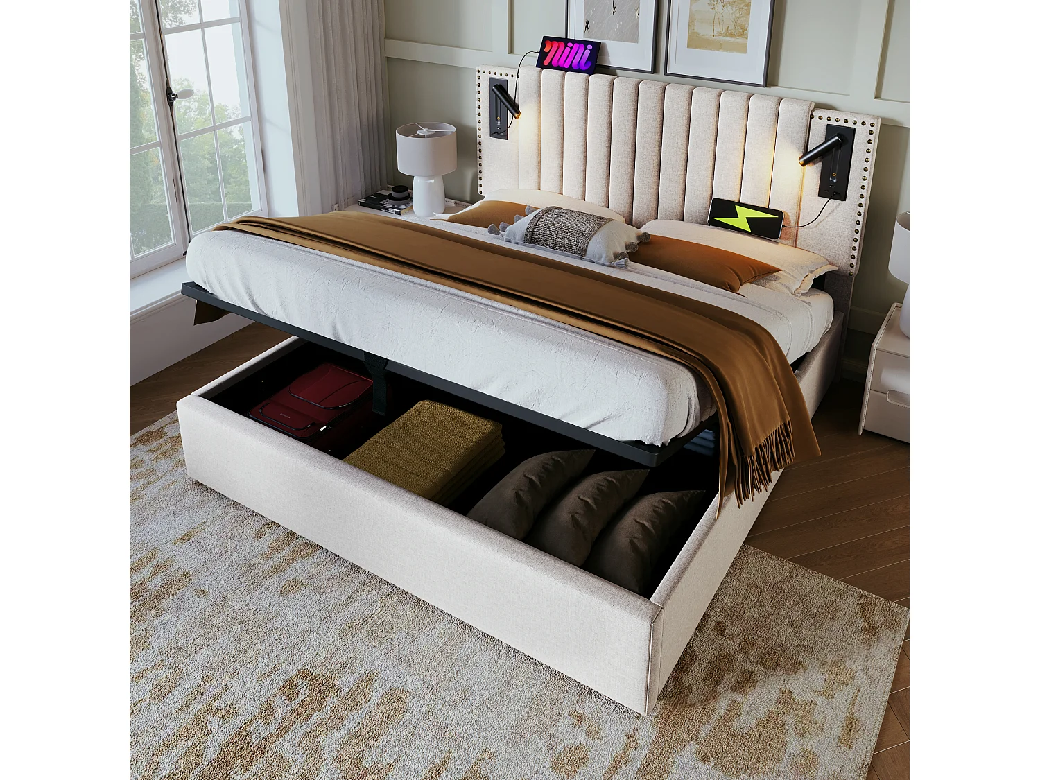 Lit 160x200 cm, lit double avec espace de rangement, éclairage de lecture avec USB, tête de lit réglable