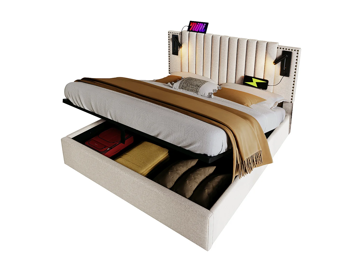 Lit 160x200 cm, lit double avec espace de rangement, éclairage de lecture avec USB, tête de lit réglable