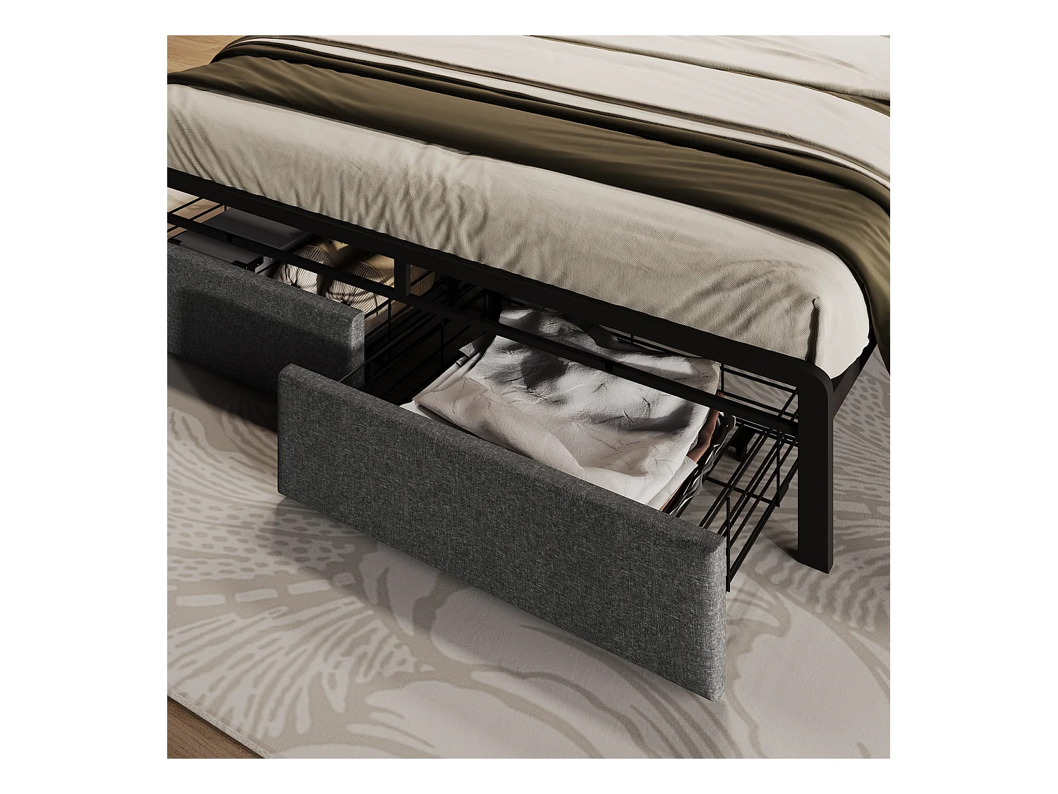 Lit avec tête de lit de rangement, USB Type-C, éclairage LED, 160x200 cm, gris, cadre en métal