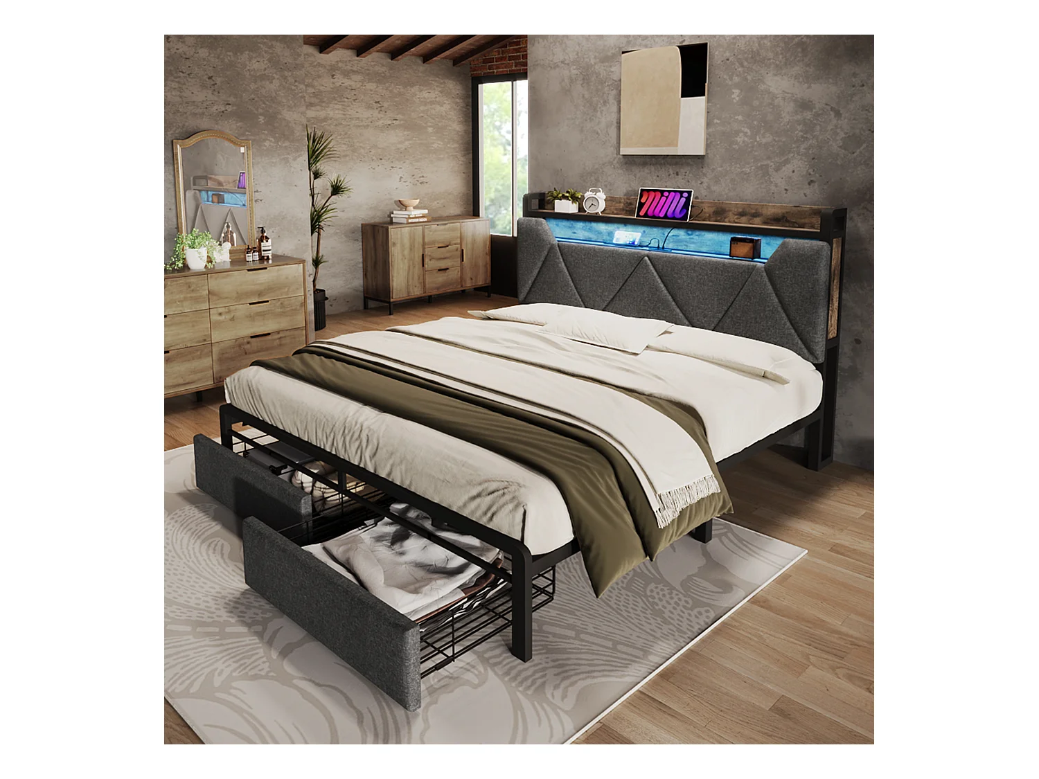 Lit avec tête de lit de rangement, USB Type-C, éclairage LED, 160x200 cm, gris, cadre en métal