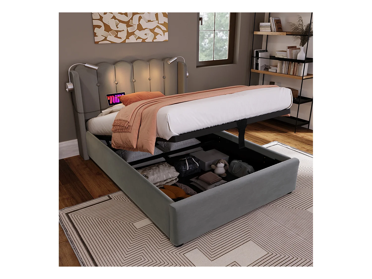 Lit simple 90x200 cm en velours gris avec éclairage de lecture et fonction de chargement