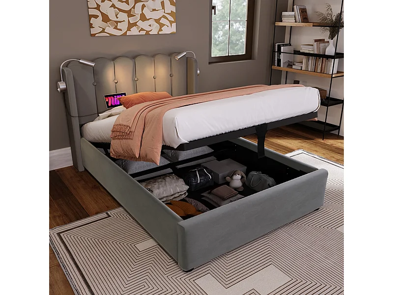 Lit simple 90x200 cm en velours gris avec éclairage de lecture et fonction de chargement
