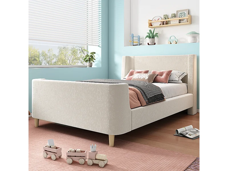 Lit enfant en velours beige, lit à bascule 90 x 200 cm avec motifs spatiaux, pour garçons et filles