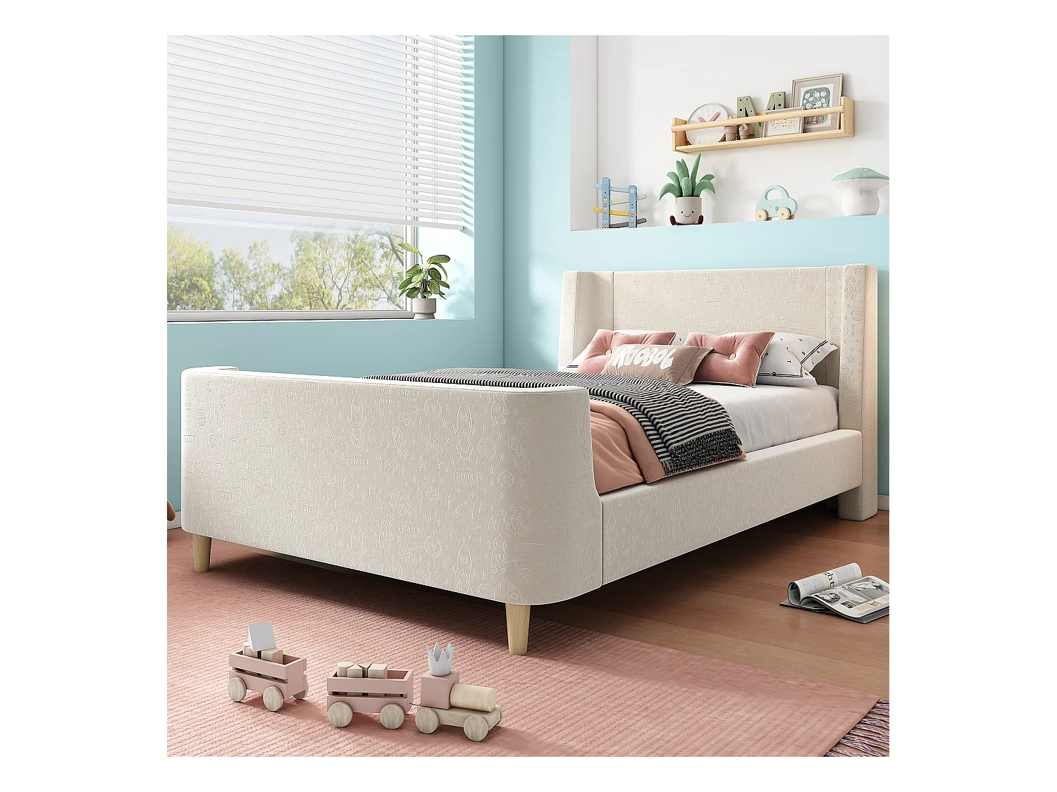 Lit enfant en velours beige, lit à bascule 90 x 200 cm avec motifs spatiaux, pour garçons et filles