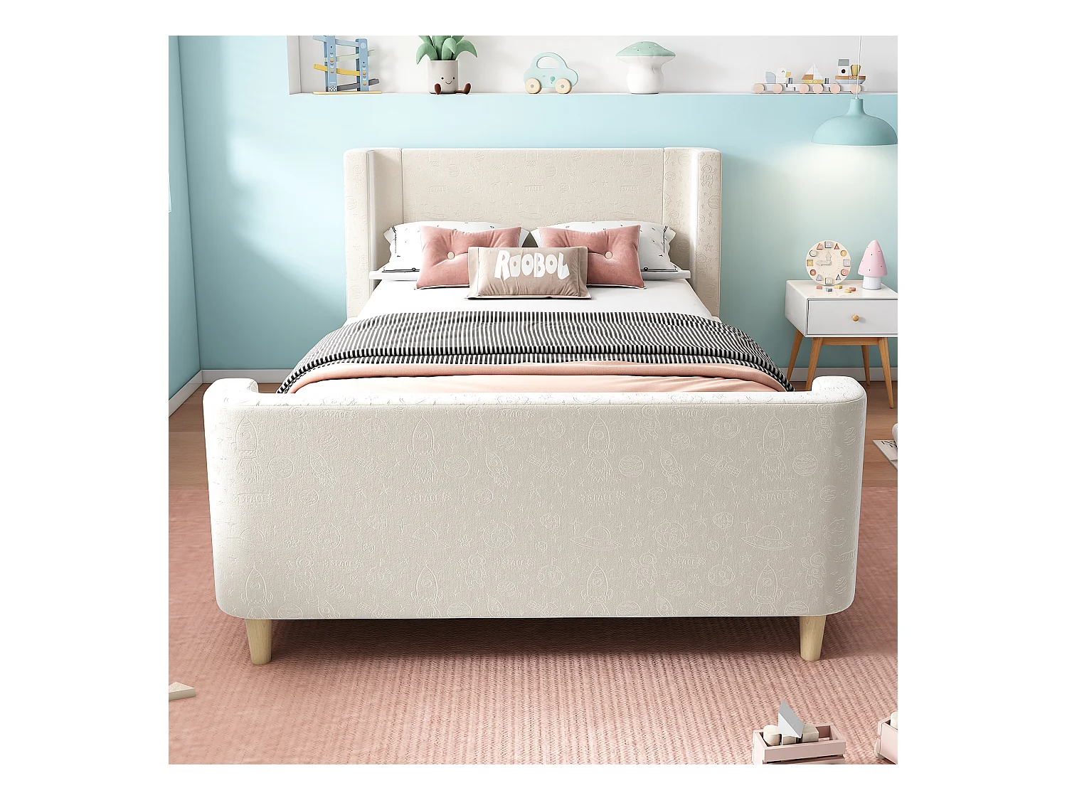 Lit enfant en velours beige, lit à bascule 90 x 200 cm avec motifs spatiaux, pour garçons et filles