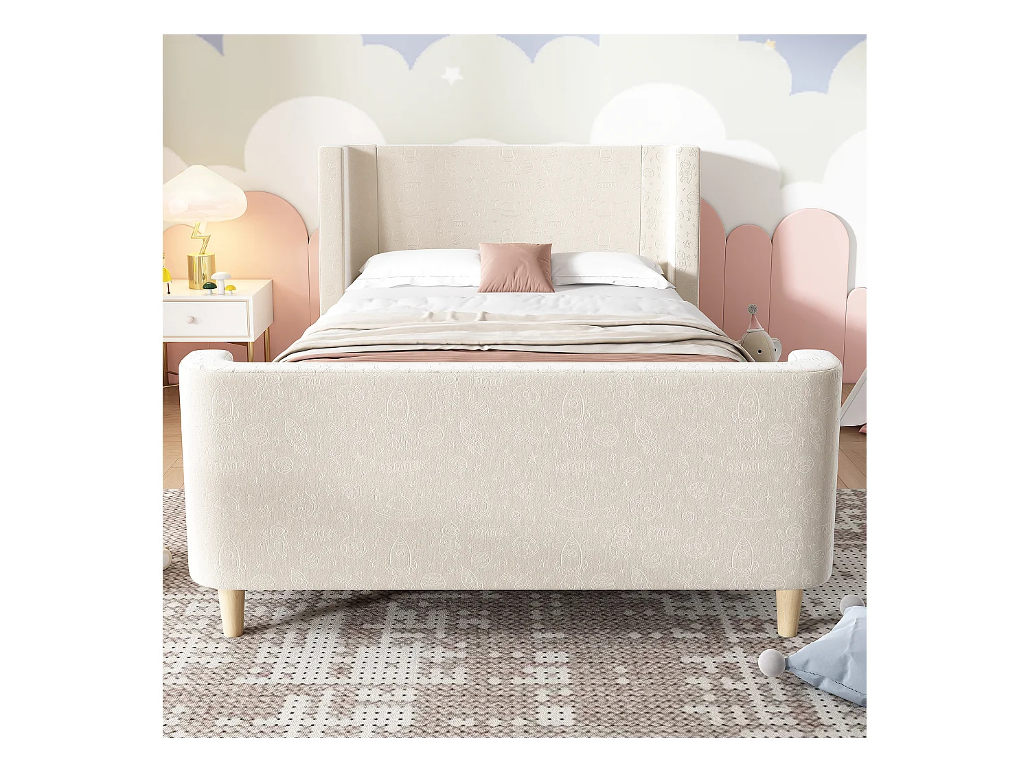 Lit enfant en velours beige, lit à bascule 90 x 200 cm avec motifs spatiaux, pour garçons et filles