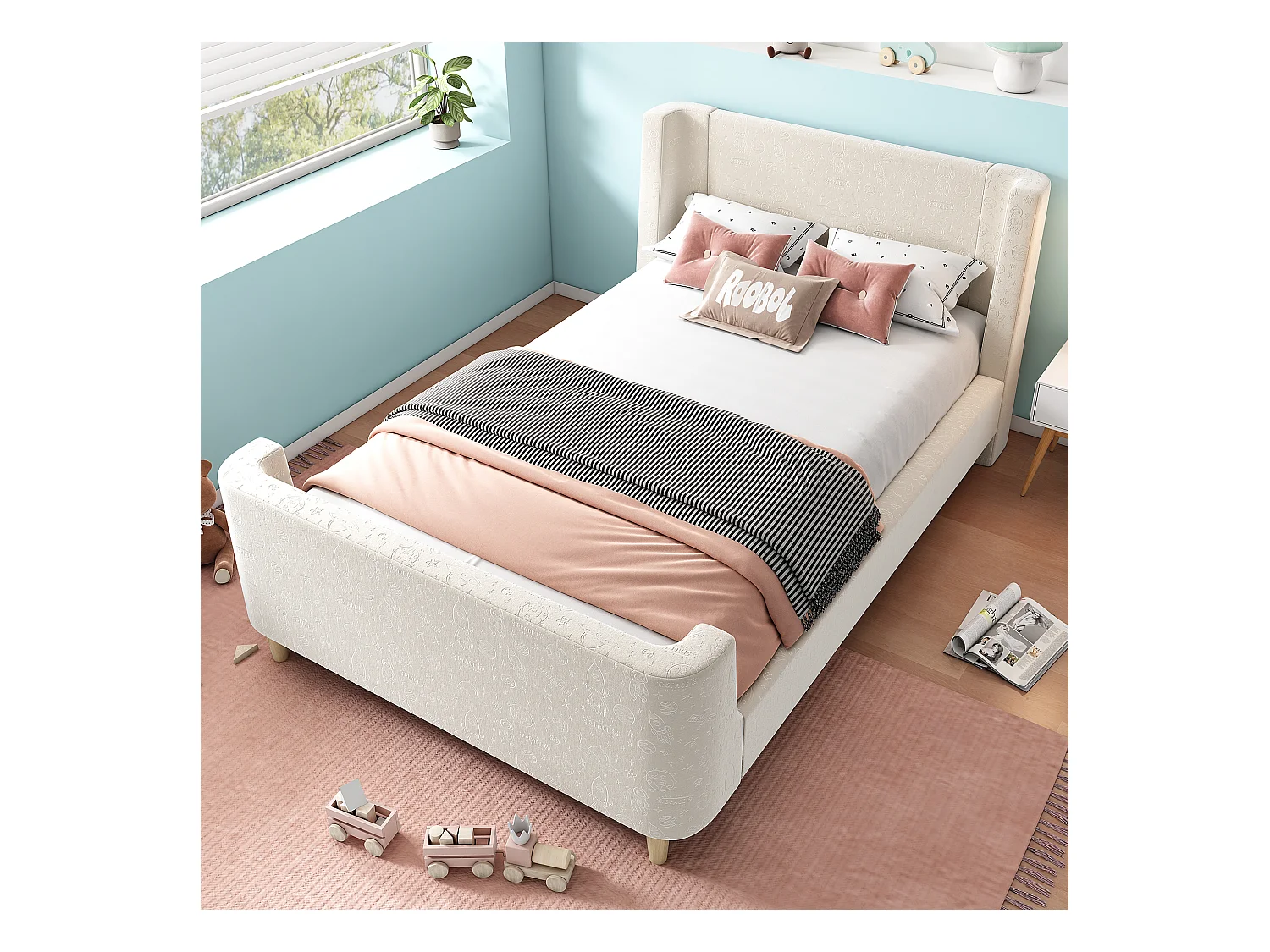 Lit enfant en velours beige, lit à bascule 90 x 200 cm avec motifs spatiaux, pour garçons et filles