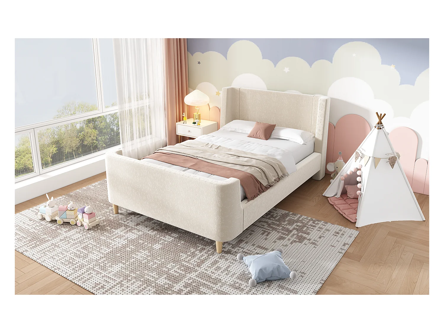 Lit enfant en velours beige, lit à bascule 90 x 200 cm avec motifs spatiaux, pour garçons et filles