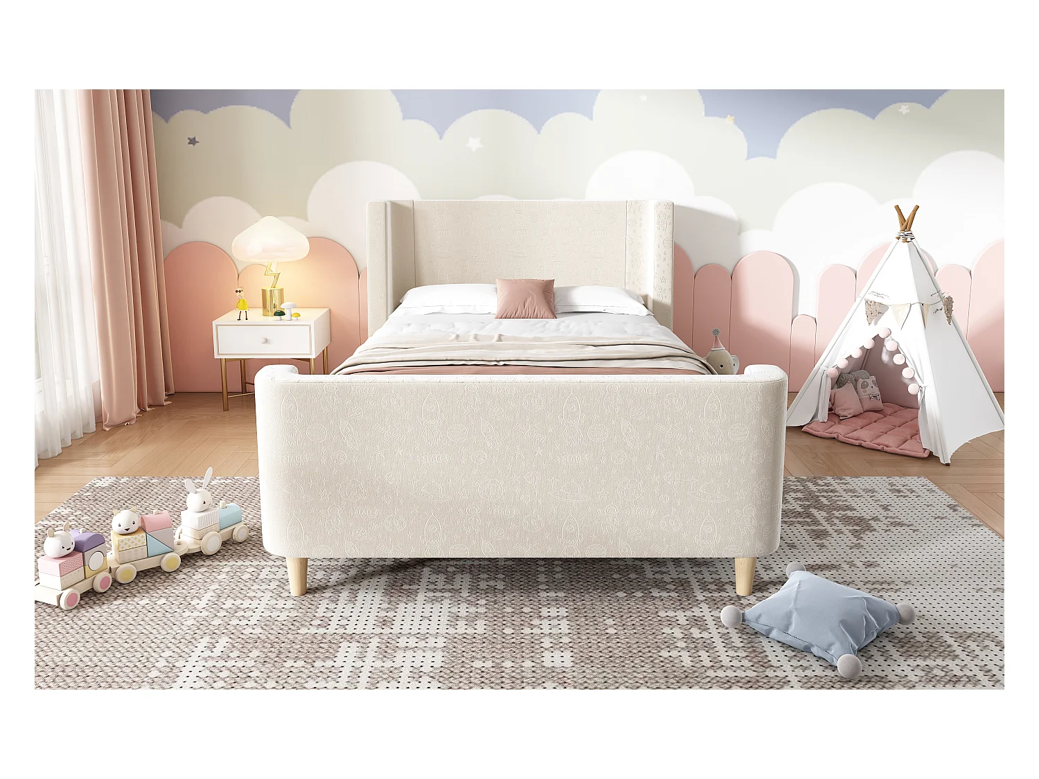 Lit enfant en velours beige, lit à bascule 90 x 200 cm avec motifs spatiaux, pour garçons et filles