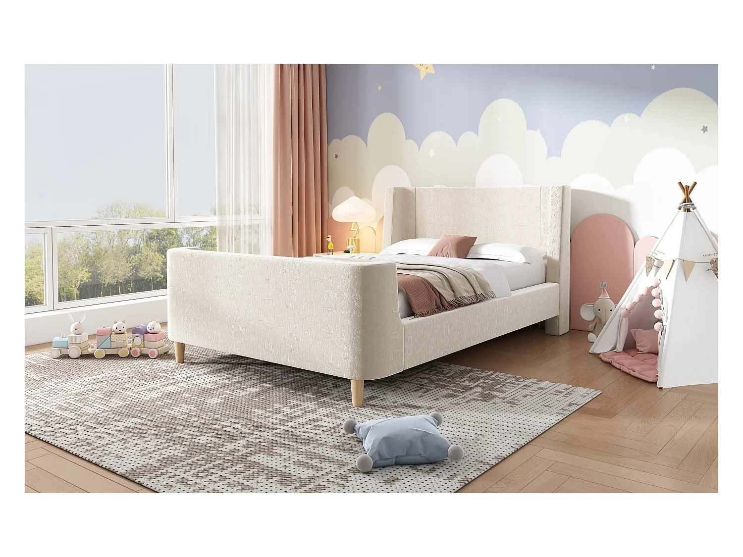 Lit enfant en velours beige, lit à bascule 90 x 200 cm avec motifs spatiaux, pour garçons et filles