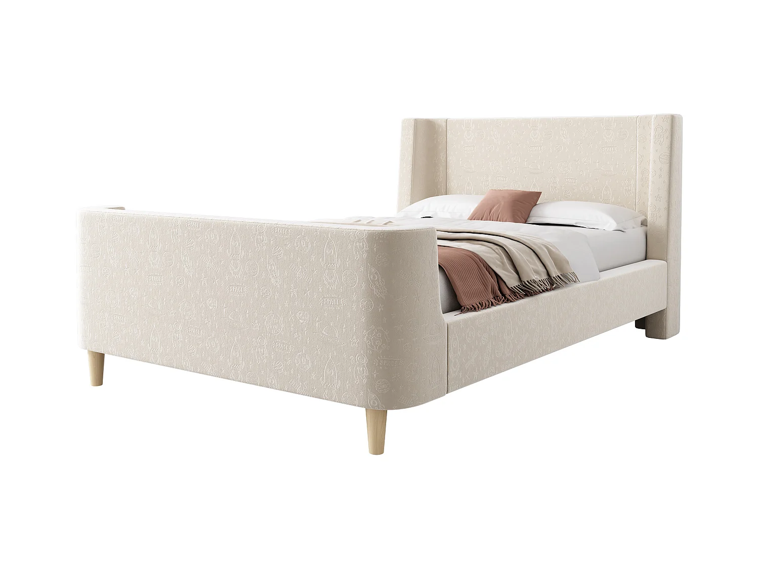 Lit enfant en velours beige, lit à bascule 90 x 200 cm avec motifs spatiaux, pour garçons et filles