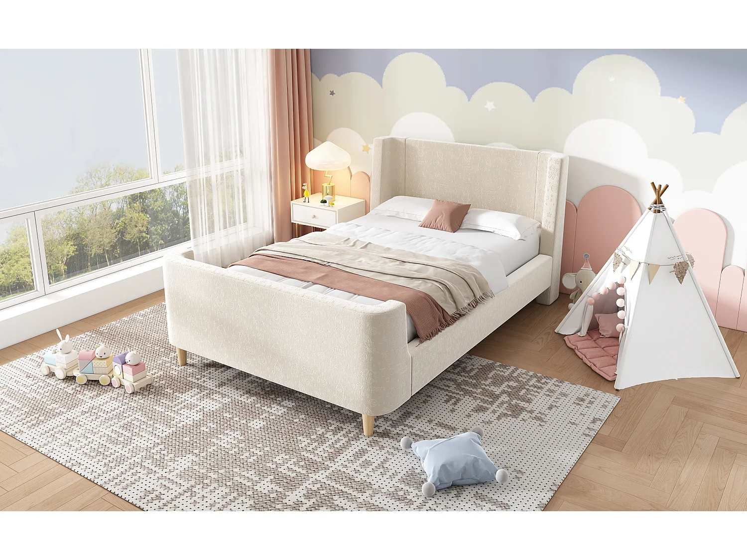 Lit enfant en velours beige, lit à bascule 90 x 200 cm avec motifs spatiaux, pour garçons et filles