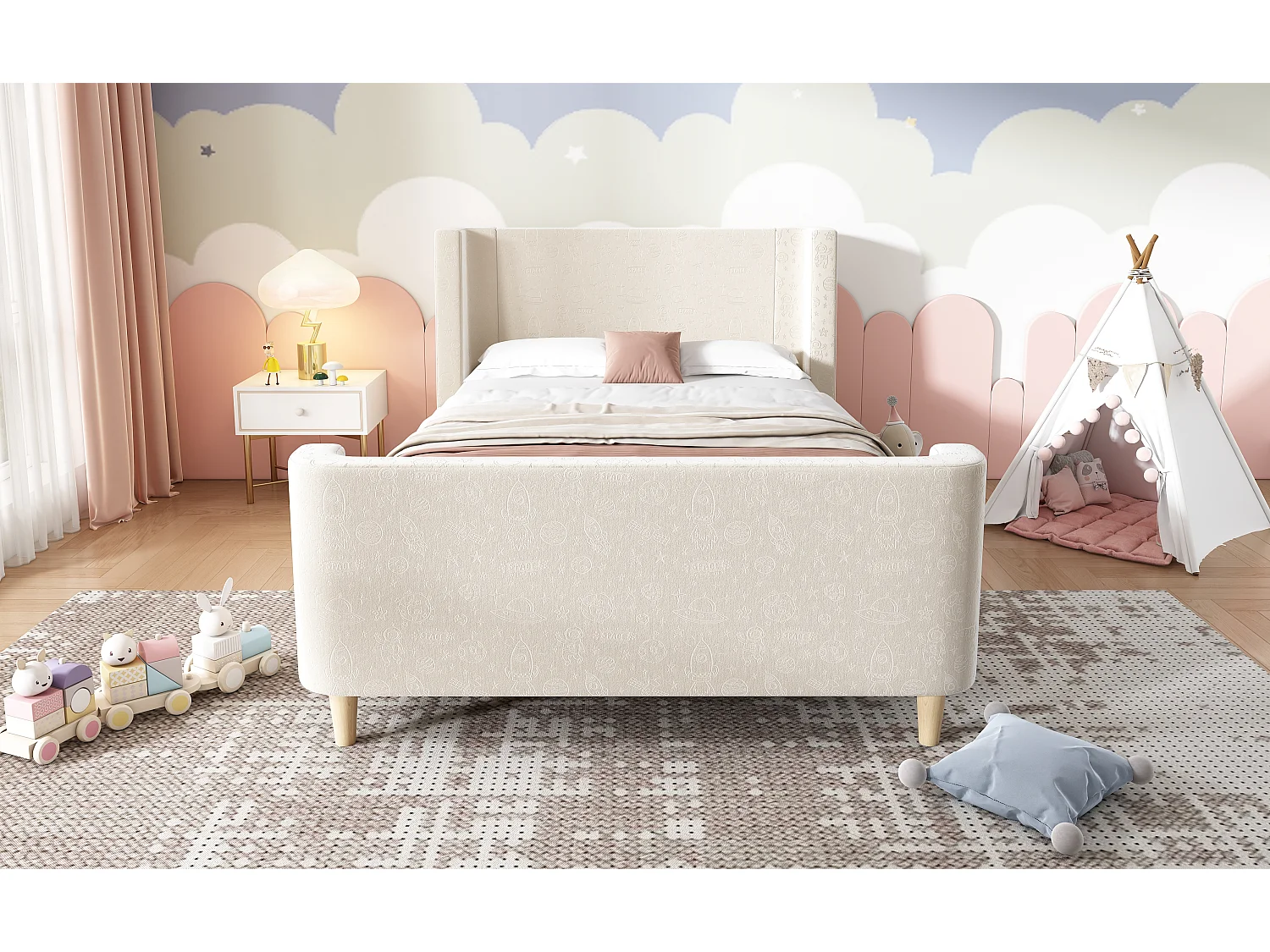 Lit enfant en velours beige, lit à bascule 90 x 200 cm avec motifs spatiaux, pour garçons et filles