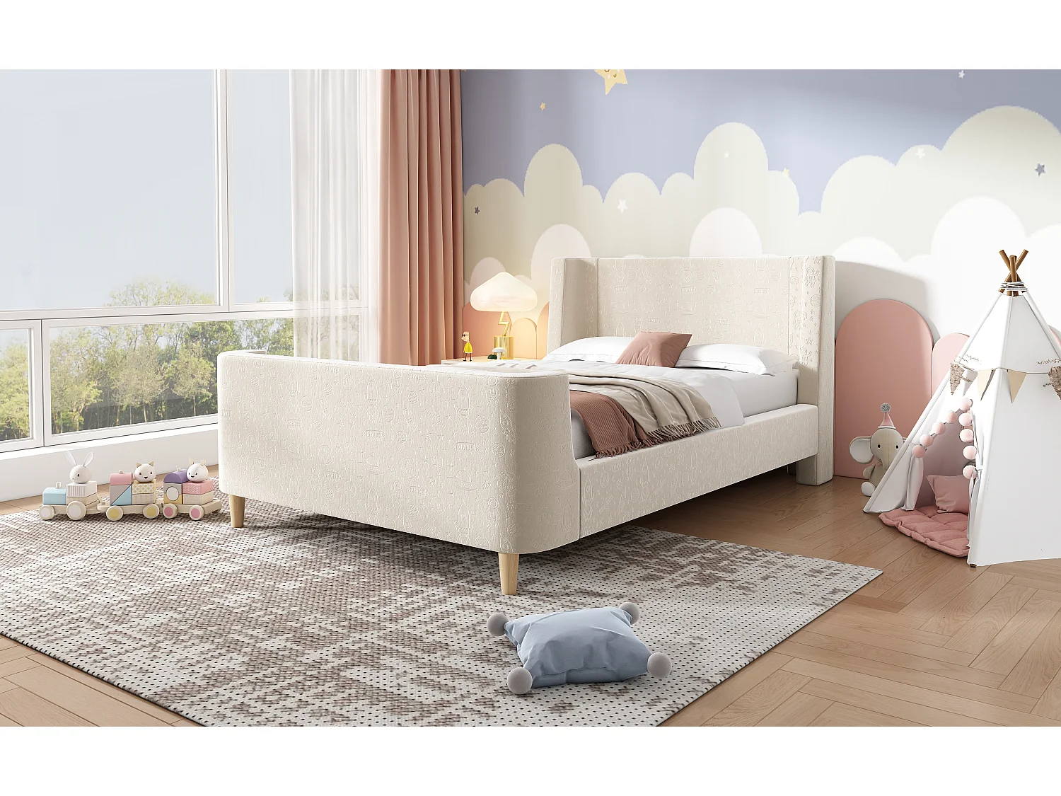 Lit enfant en velours beige, lit à bascule 90 x 200 cm avec motifs spatiaux, pour garçons et filles