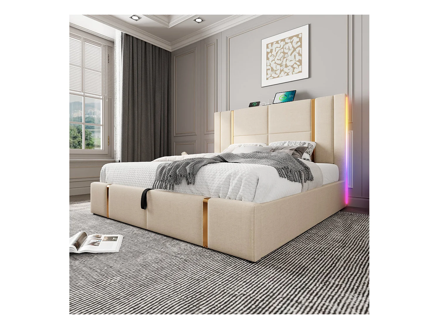 Lit double 140×200 cm en lin beige avec éclairage LED et fonction de chargement USB Type C