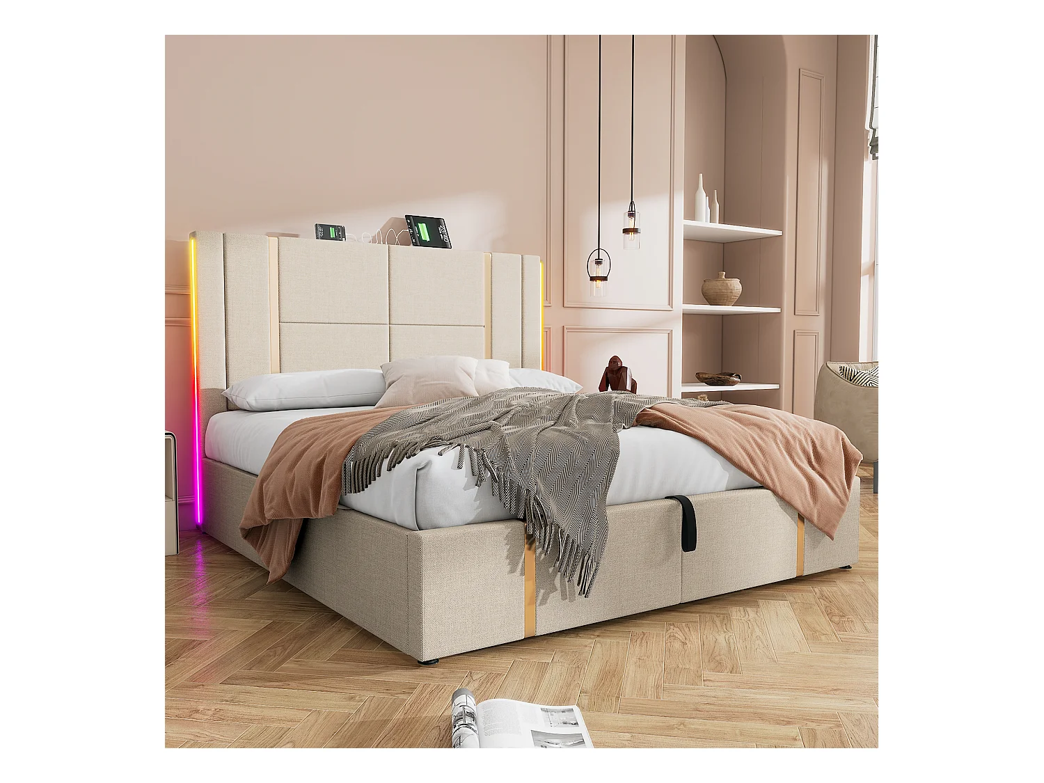 Lit double 140×200 cm en lin beige avec éclairage LED et fonction de chargement USB Type C