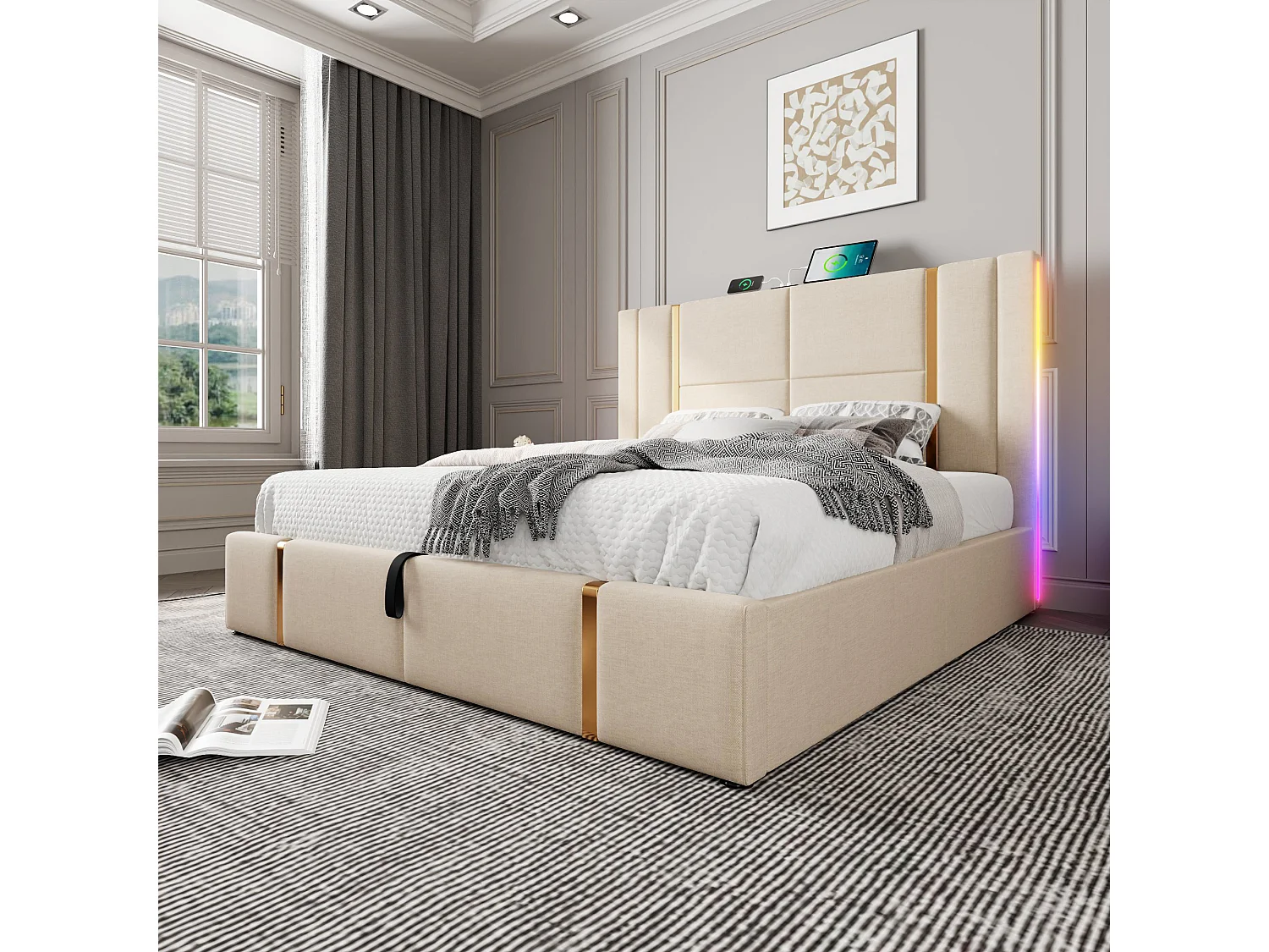 Lit double 140×200 cm en lin beige avec éclairage LED et fonction de chargement USB Type C