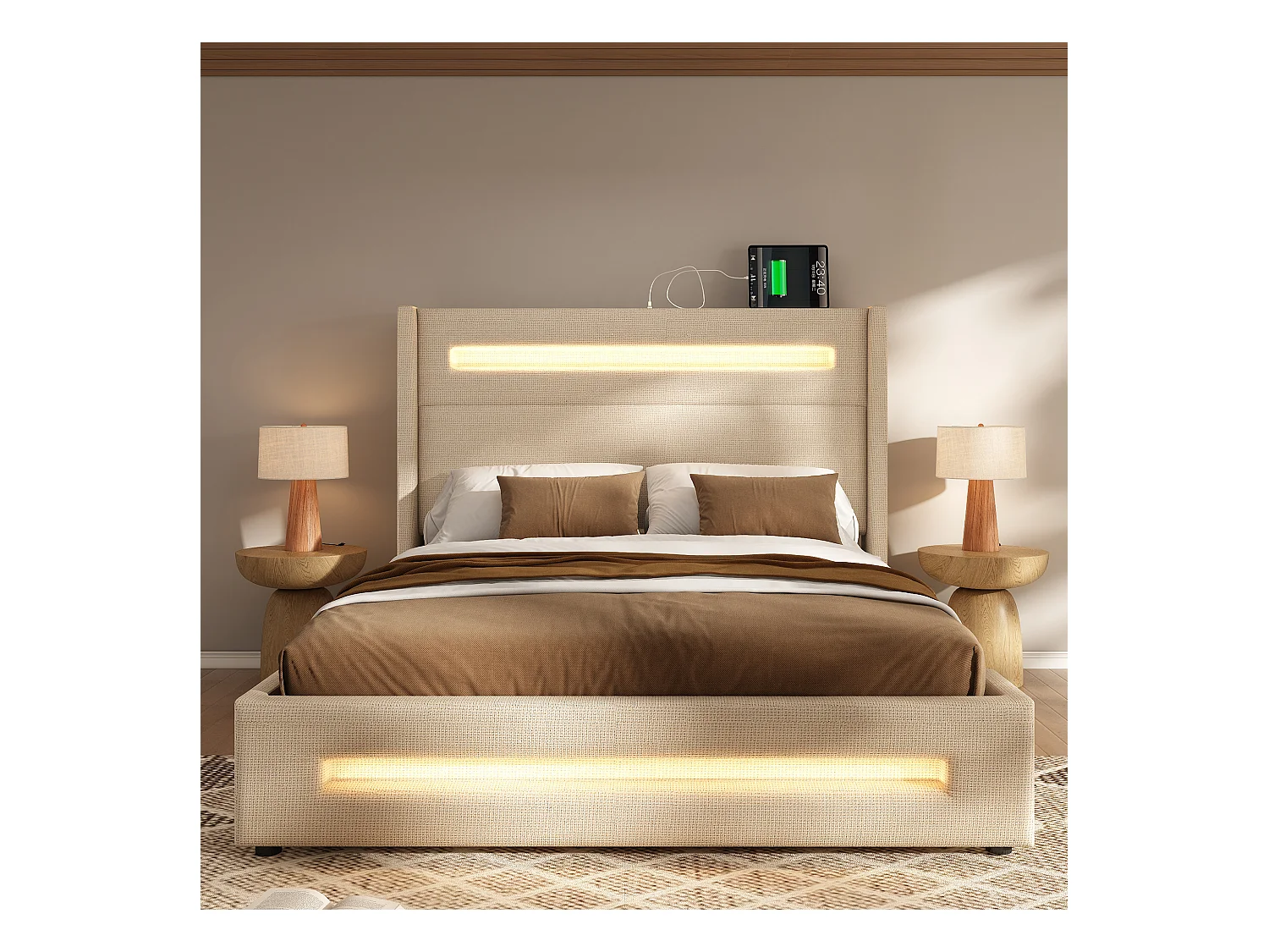 Lit double 140x200 cm, lit d'ado avec LED, lit de rangement avec espace de stockage hydraulique et charge USB Type-C, cadre en métal avec lattes en bois, beige