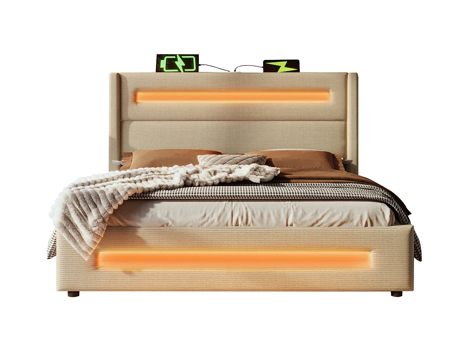 Lit double 140x200 cm, lit d'ado avec LED, lit de rangement avec espace de stockage hydraulique et charge USB Type-C, cadre en métal avec lattes en bois, beige