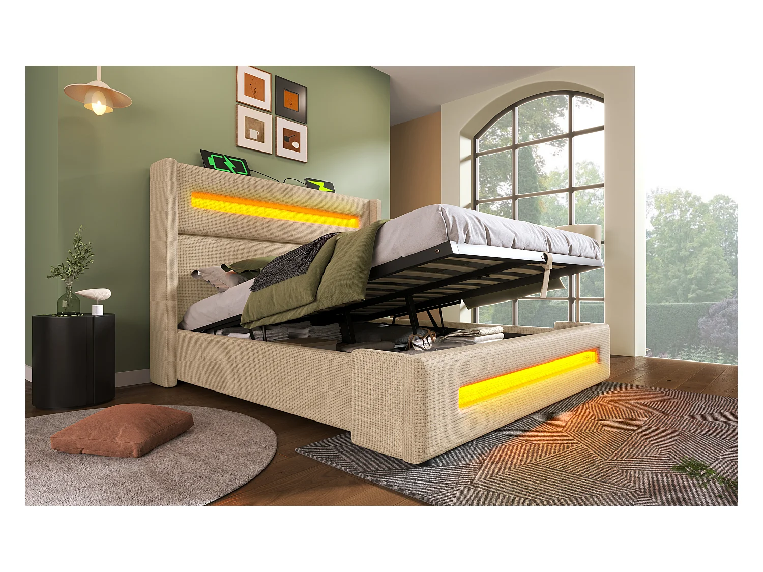 Lit double 180x200 cm en beige, lit pour adolescents avec LED, espace de rangement hydraulique et ports USB