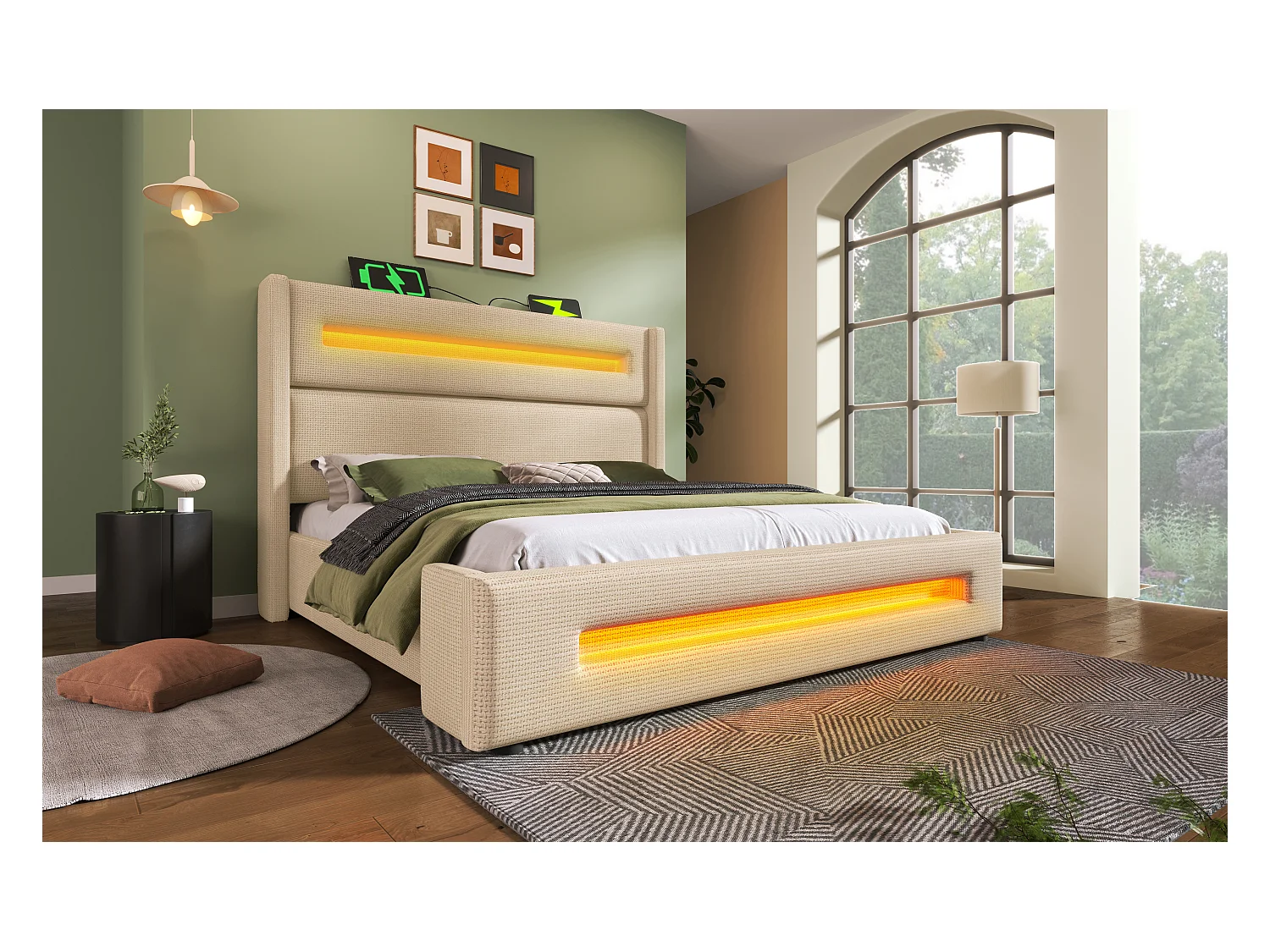 Lit double 180x200 cm en beige, lit pour adolescents avec LED, espace de rangement hydraulique et ports USB