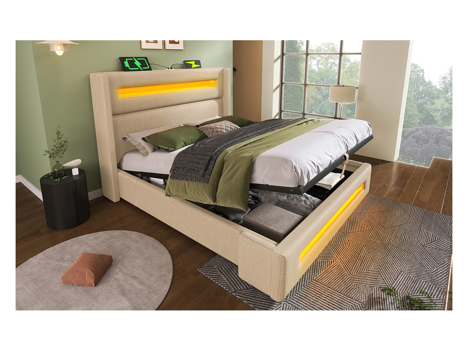 Lit double 180x200 cm en beige, lit pour adolescents avec LED, espace de rangement hydraulique et ports USB