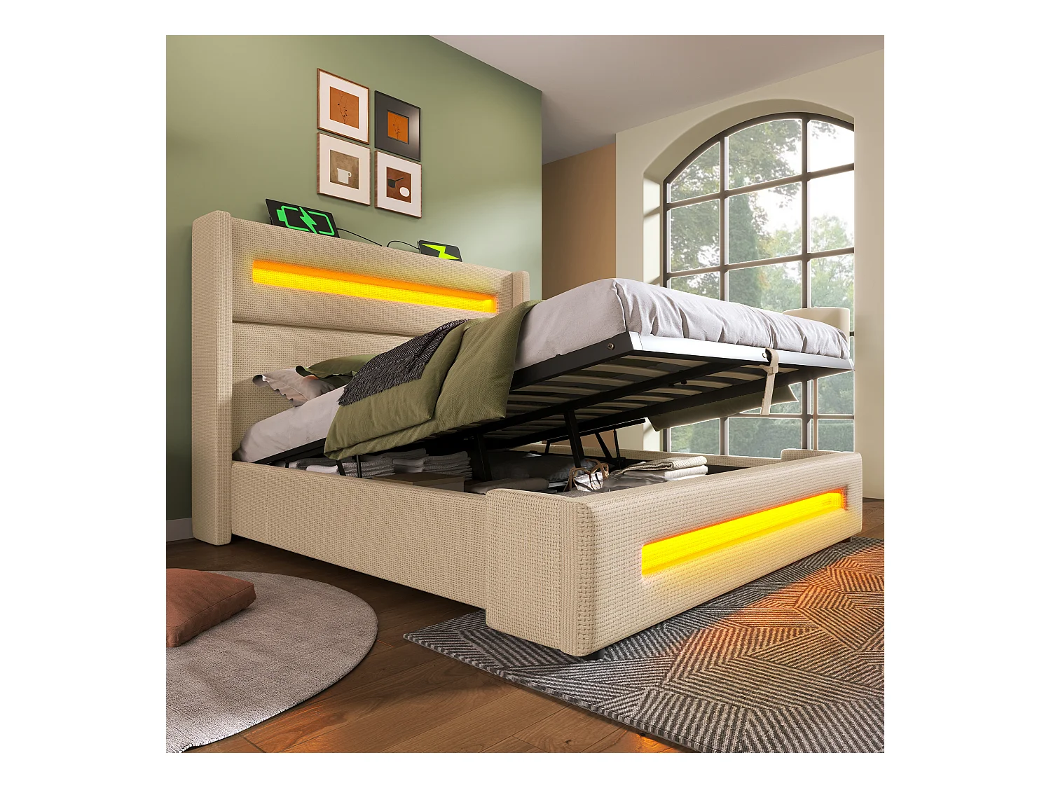 Lit double 180x200 cm en beige, lit pour adolescents avec LED, espace de rangement hydraulique et ports USB