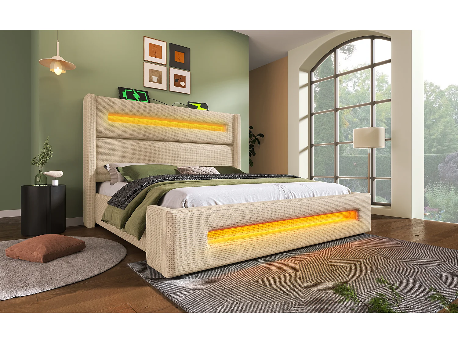 Lit double 180x200 cm en beige, lit pour adolescents avec LED, espace de rangement hydraulique et ports USB