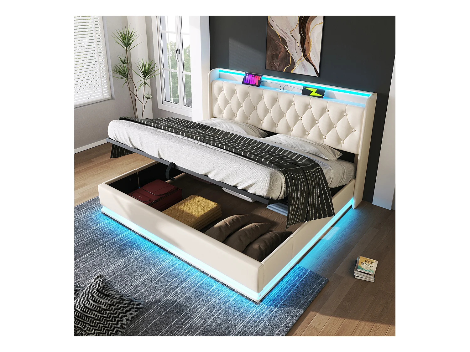 Lit double 180×200 cm en PU blanc avec éclairage LED 360°, tête de lit rembourrée et port USB