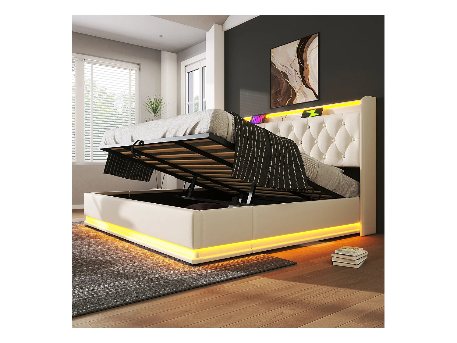 Lit double 180×200 cm en PU blanc avec éclairage LED 360°, tête de lit rembourrée et port USB