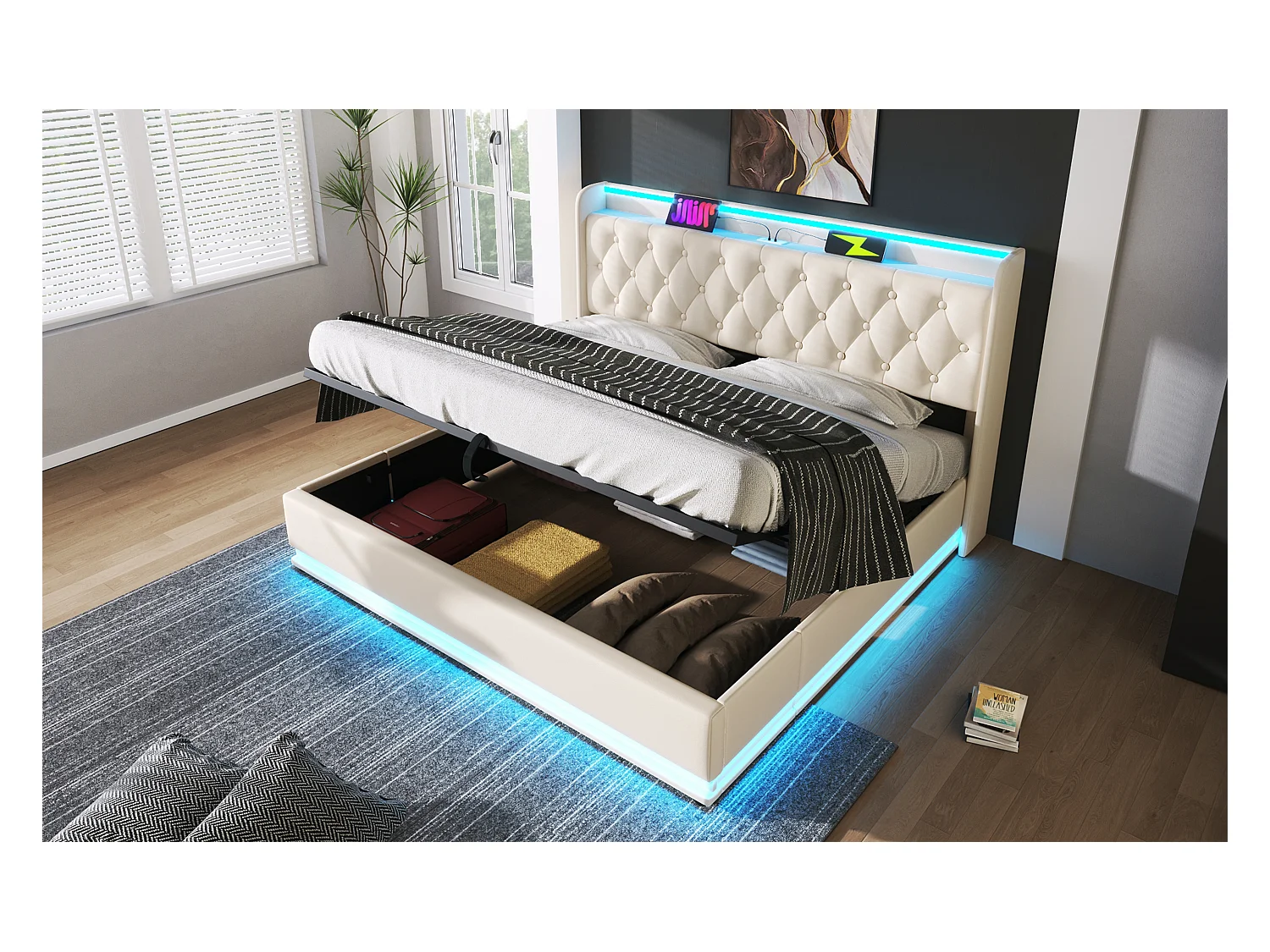 Lit double 180×200 cm en PU blanc avec éclairage LED 360°, tête de lit rembourrée et port USB