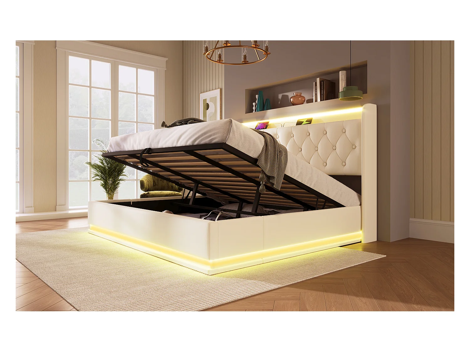 Lit double 180×200 cm en PU blanc avec éclairage LED 360°, tête de lit rembourrée et port USB