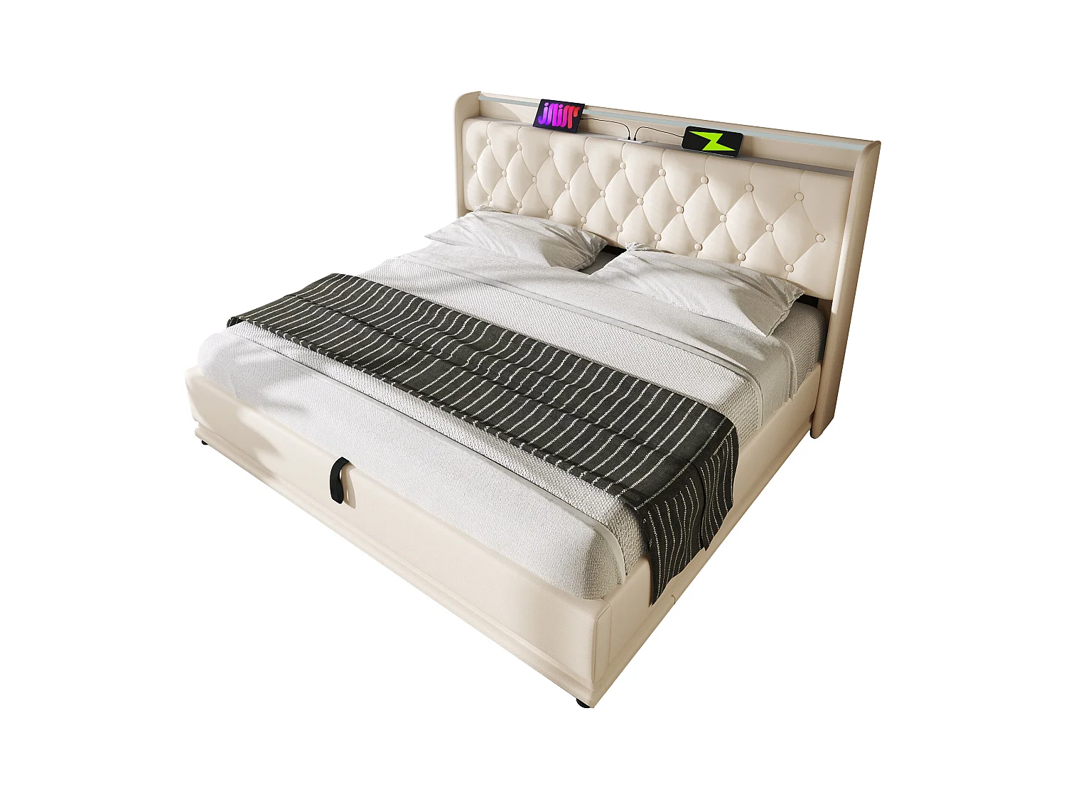 Lit double 180×200 cm en PU blanc avec éclairage LED 360°, tête de lit rembourrée et port USB