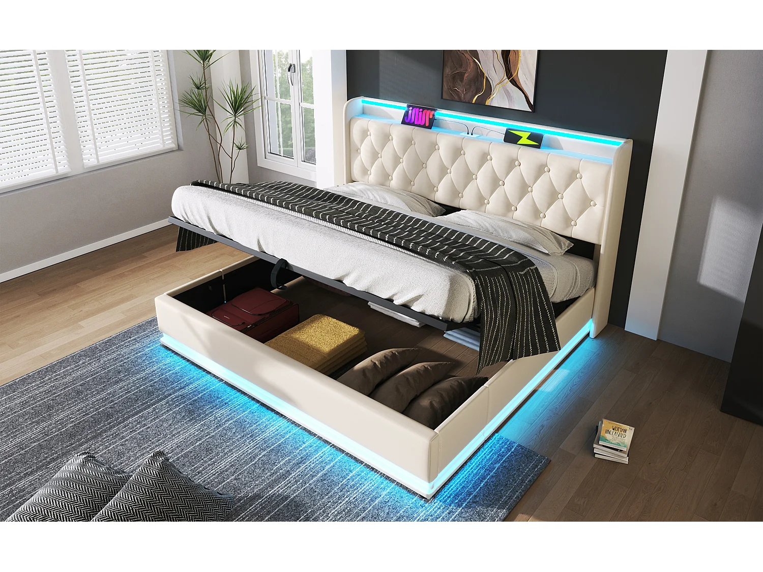 Lit double 180×200 cm en PU blanc avec éclairage LED 360°, tête de lit rembourrée et port USB