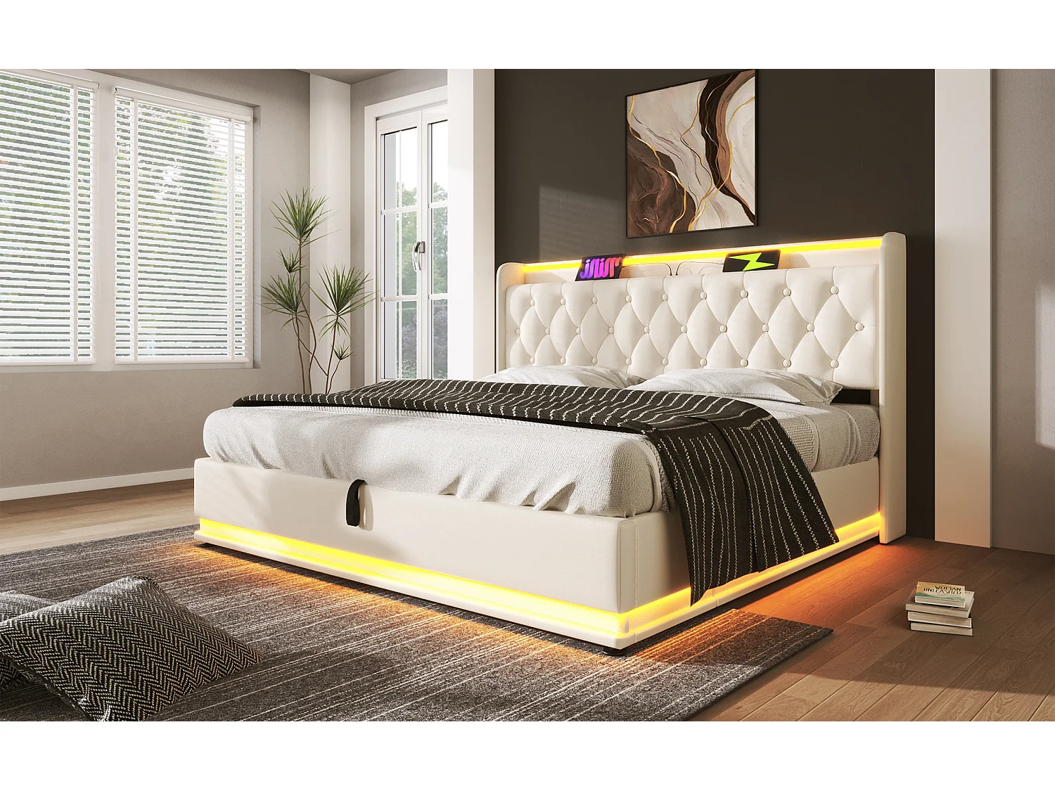 Lit double 180×200 cm en PU blanc avec éclairage LED 360°, tête de lit rembourrée et port USB