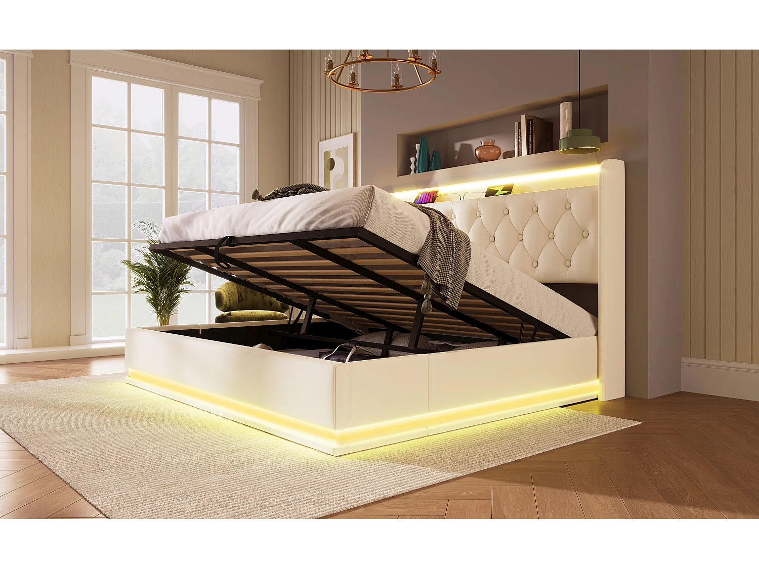 Lit double 180×200 cm en PU blanc avec éclairage LED 360°, tête de lit rembourrée et port USB