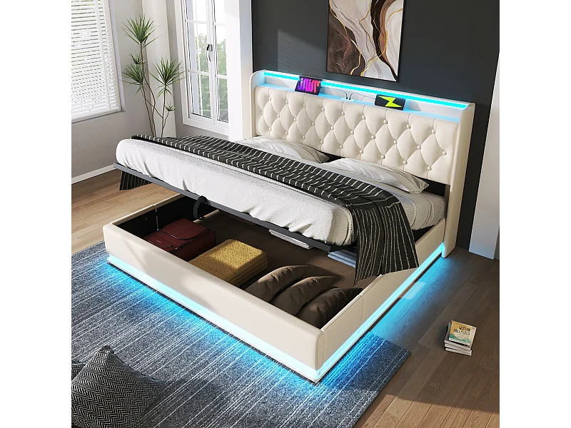 Lit double 180×200 cm en PU blanc avec éclairage LED 360°, tête de lit rembourrée et port USB