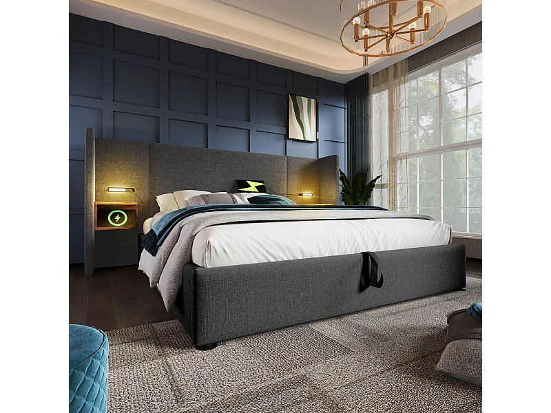 Lit double 160×200 cm avec table de nuit, lampe de lecture et chargeur USB Type-C, cadre en bois massif et métal, gris, lin