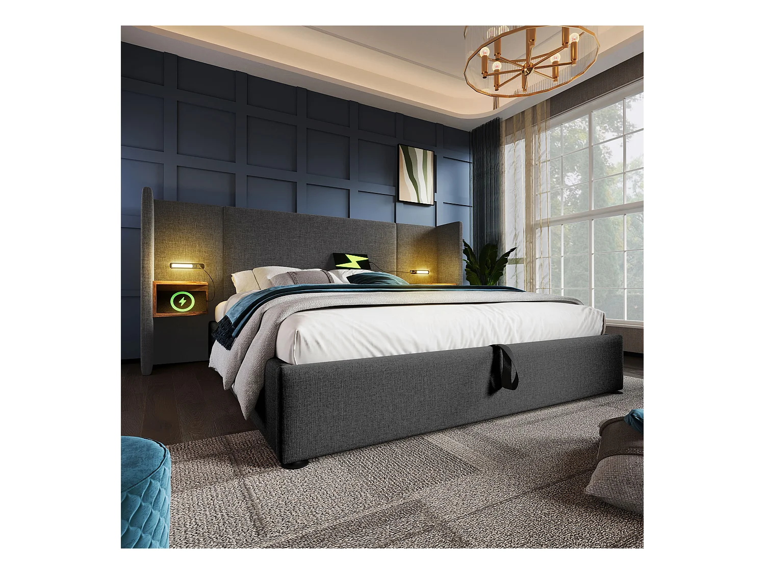 Lit double 160×200 cm avec table de nuit, lampe de lecture et chargeur USB Type-C, cadre en bois massif et métal, gris, lin