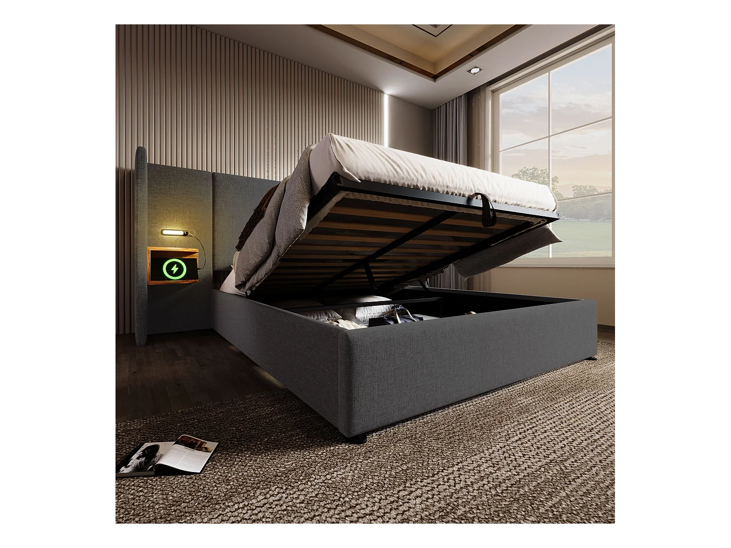 Lit double 160×200 cm avec table de nuit, lampe de lecture et chargeur USB Type-C, cadre en bois massif et métal, gris, lin