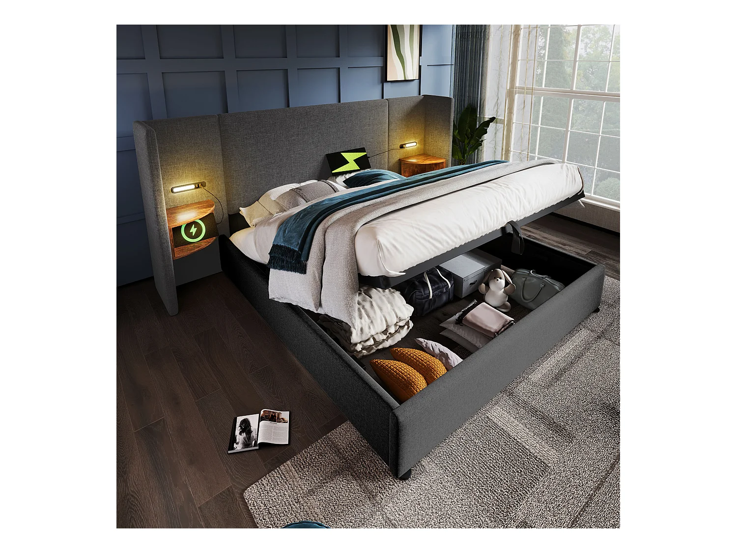 Lit double 160×200 cm avec table de nuit, lampe de lecture et chargeur USB Type-C, cadre en bois massif et métal, gris, lin